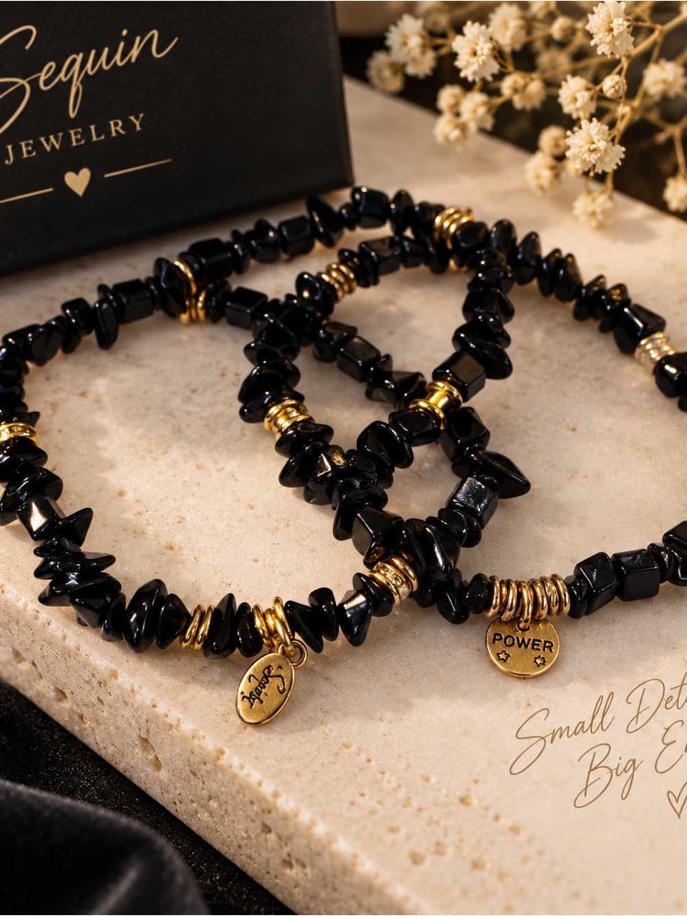 Black & Gold Beaded 'Power' Stretch Bracelet Set